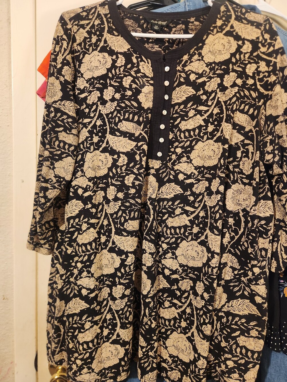 Lucky Brand Black Floral Button Henley Tunic